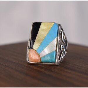 Vintage Sterling Silver Ring With Multicolor Inlay & Thunderbird Design